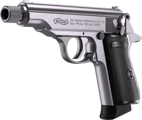 WALTHER PP SD 32ACP STAINLESS - 8RD THREADED BARREL BLK GRIPS