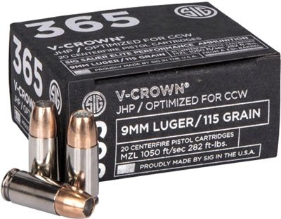 SIG AMMO 9MM 115GR ELITE - V-CROWN 365 JHP 20RD 10BX/CS