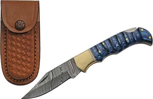 SZCO RITE EDGE 3" BLUE GROOVED - WOOD DAMASCUS LOCKBACK W/SHTH