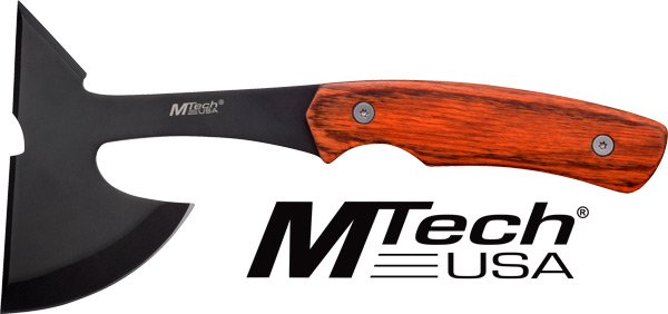 MC MTECH 9" TOMAHAWK W/SHEATH - 3" BLACK BLADE PAKKAWOOD HNDL