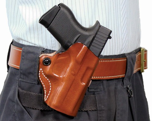 DESANTIS MINI SCABBARD HOLSTER - RH OWB LEATHER SHIELD 9/40 TAN